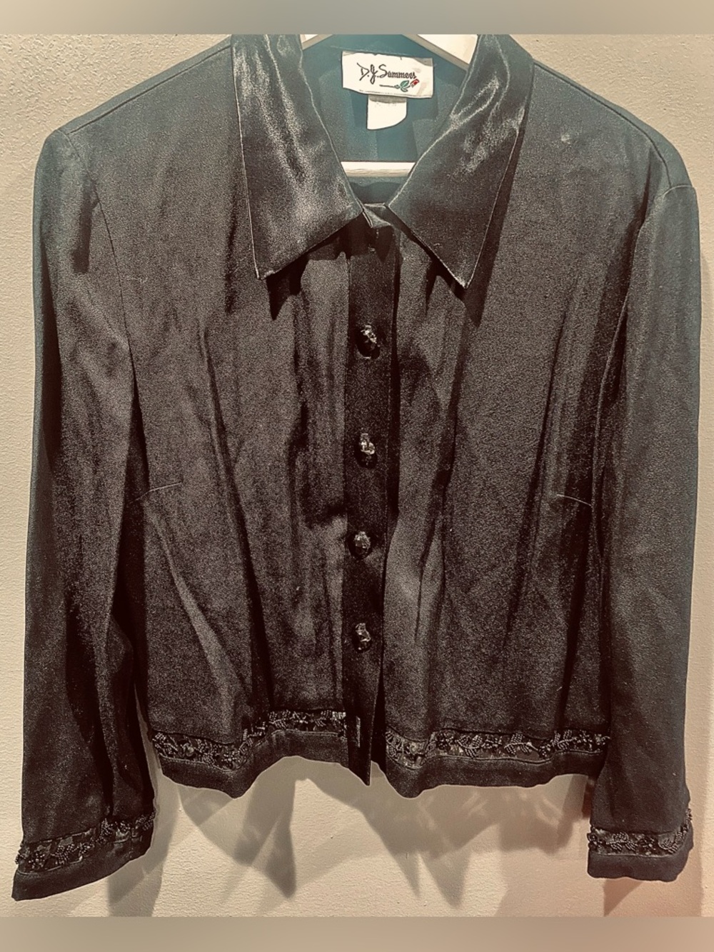 Women’s Vintage DJ Summers Black Button Down Top with Floral beadwork Sz 10